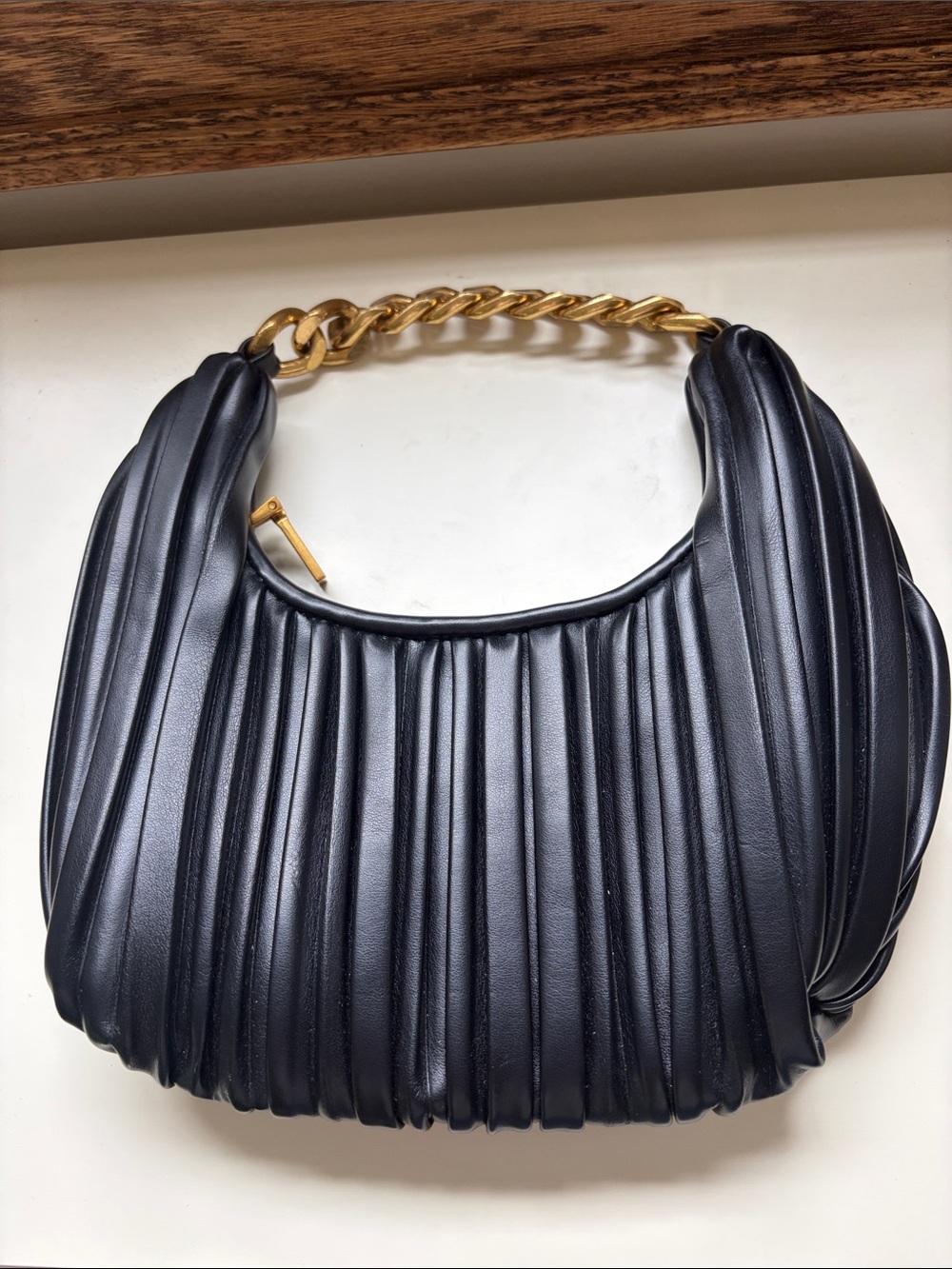 Madison West Black Pleated Satchel Bag with Gold Chain